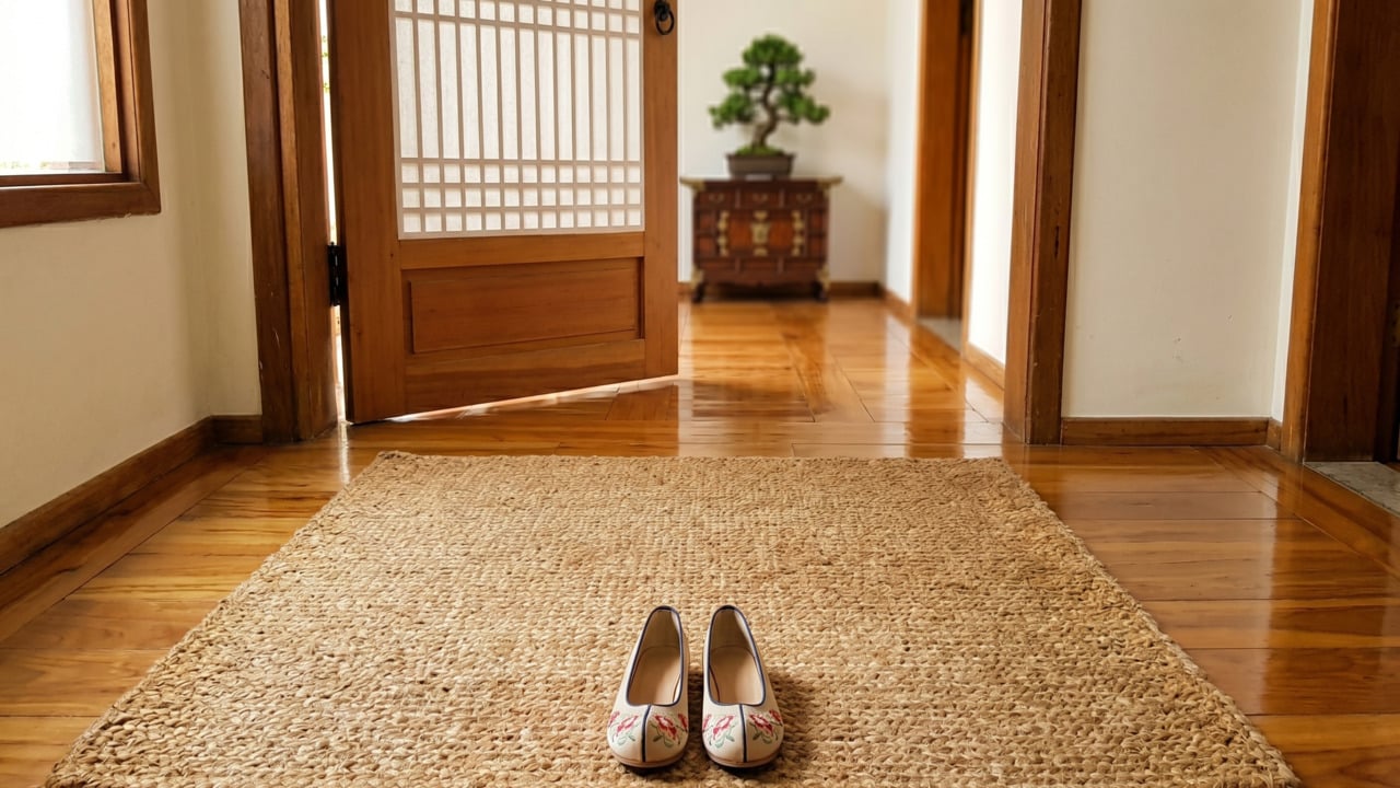 Casa coreana com tapete na porta de entrada com par de sapato em cima