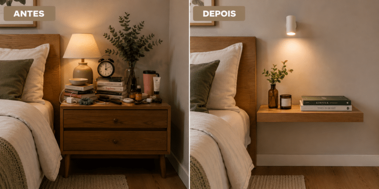 Antes e depois: Lado esquerdo com movel de cabeceira cheio de coisas e lado direito com prateleira flutuante minimalista