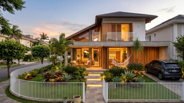 Design moderno de casa com gradil baixo cercando o terreno e carro na garagem