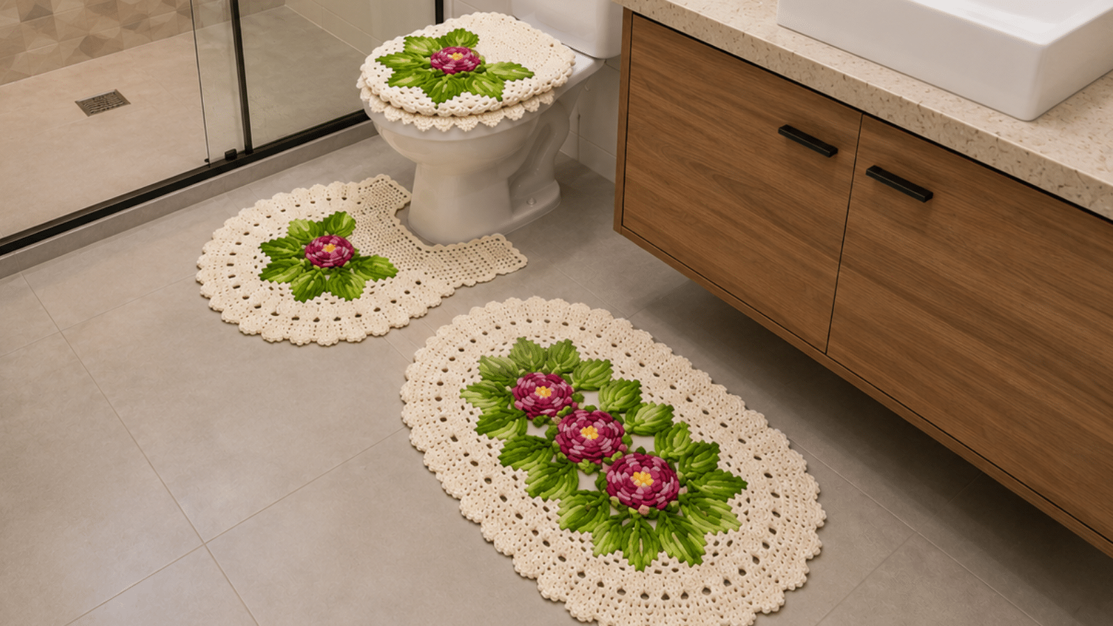 Jogo de banheiro floral em crochê: charme artesanal para deixar o banheiro mais delicado