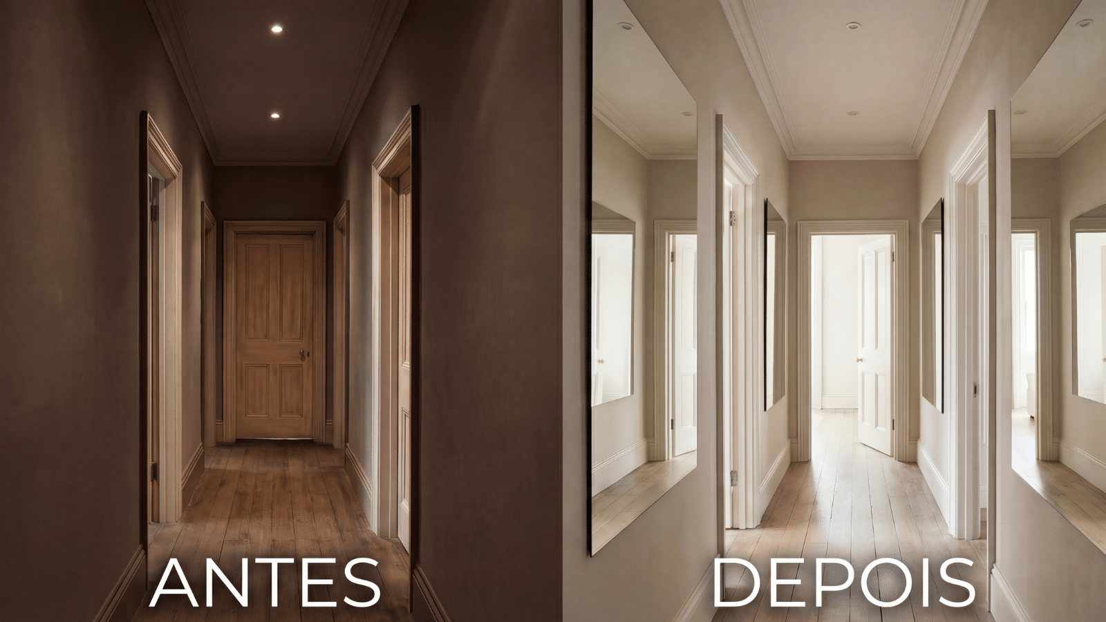 Antes e depois do uso do espelho para ampliar o ambiente