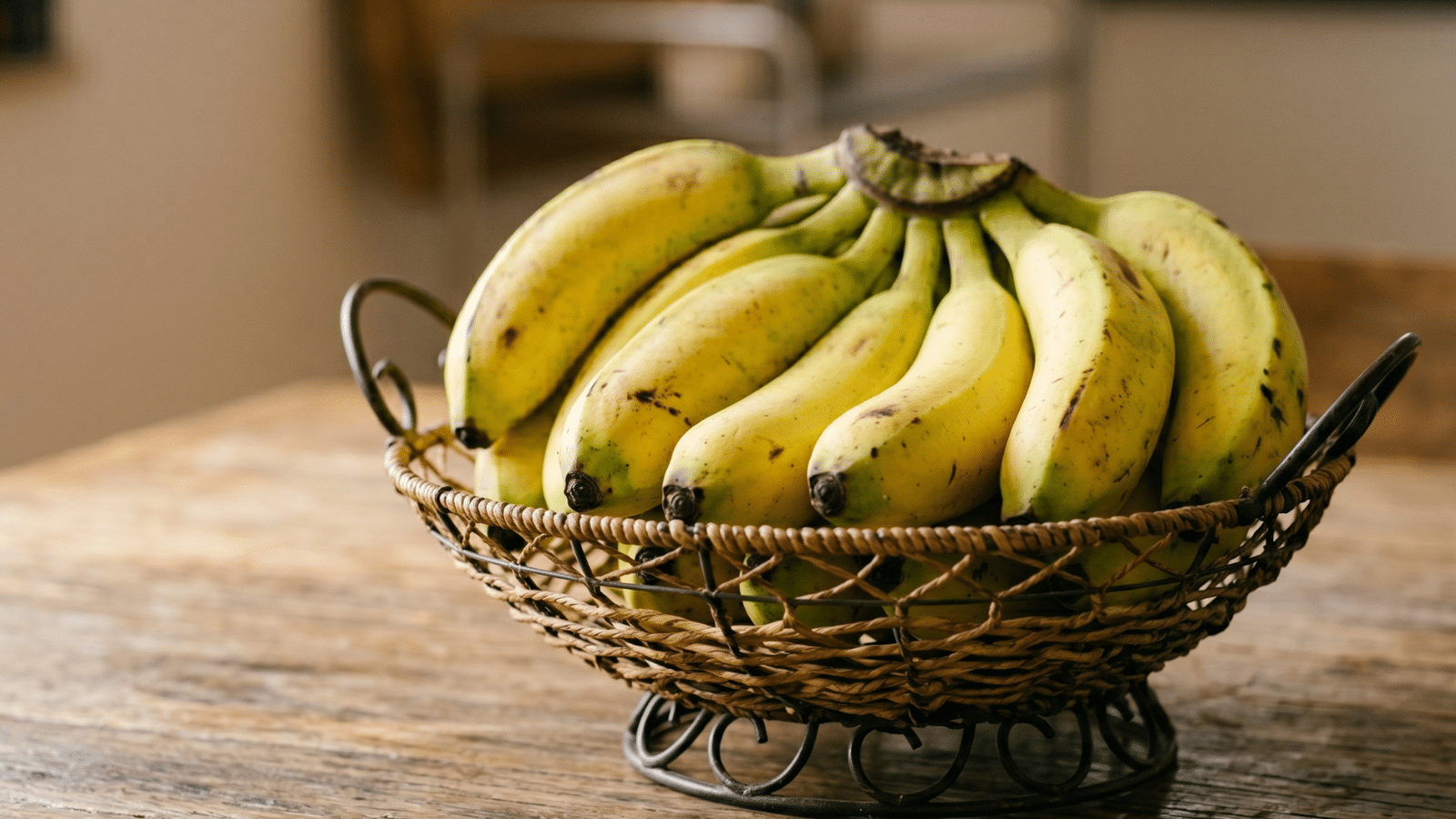 Cacho de banana na fruteira em cima da mesa