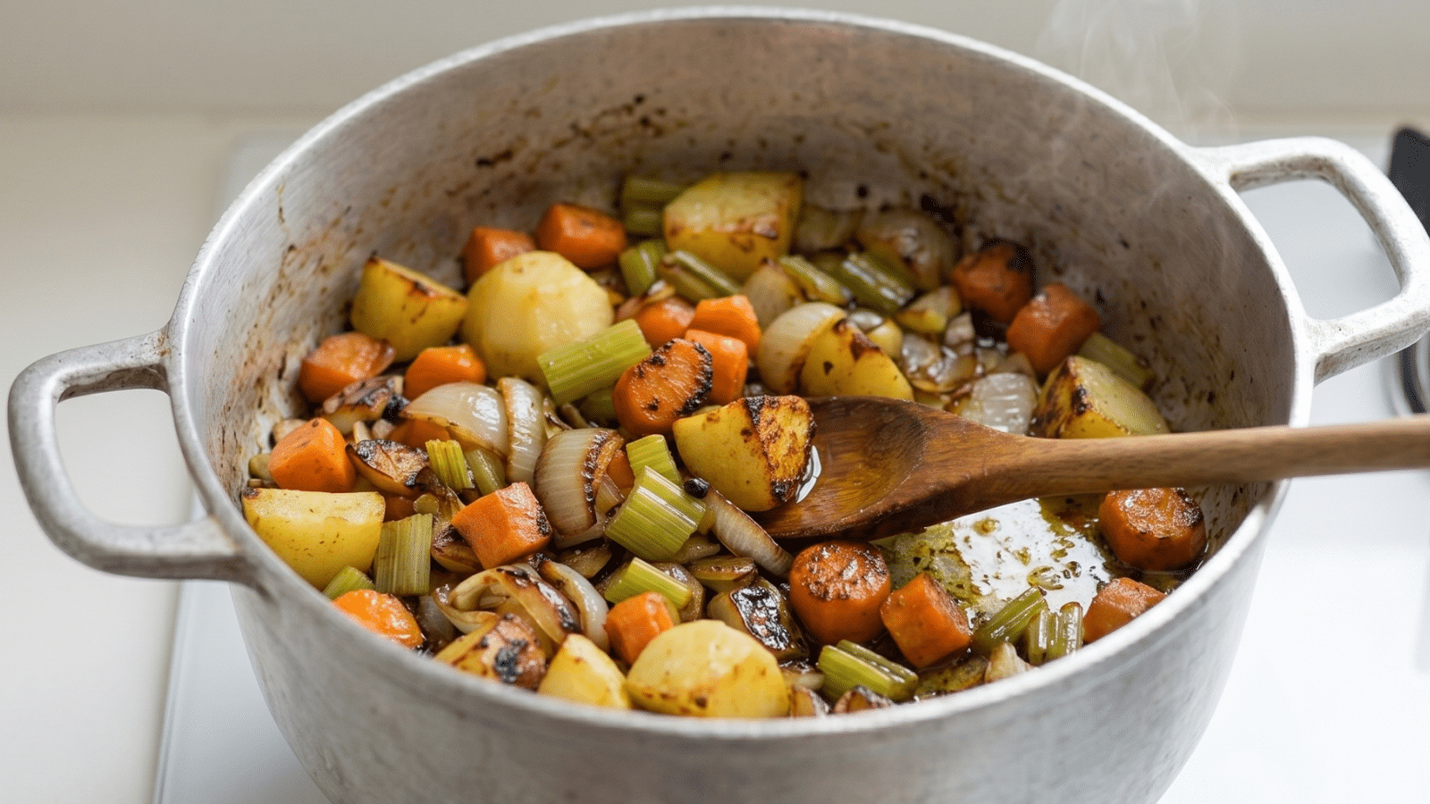 Panela com legumes tostando