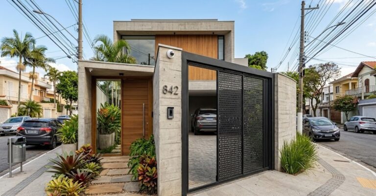 Fachada de casa com design alternativo a muros extremamente altos
