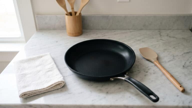 Frigideira limpa sobre bancada de mármore da cozinha