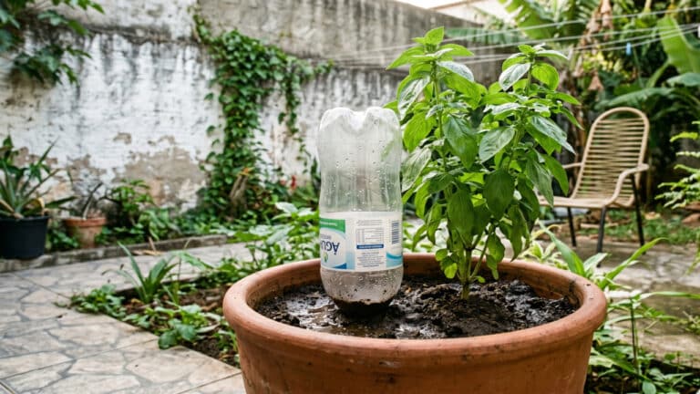 Garrafa pet em vaso para irrigar planta automaticamente
