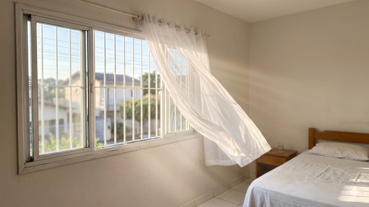 Janela do quarto aberta para ventilação no quarto
