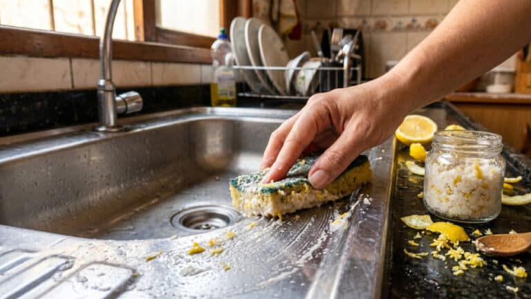 Limpeza pesada na pia da cozinha usando uma esponja, cascas de limão e bicarbonato de sódio