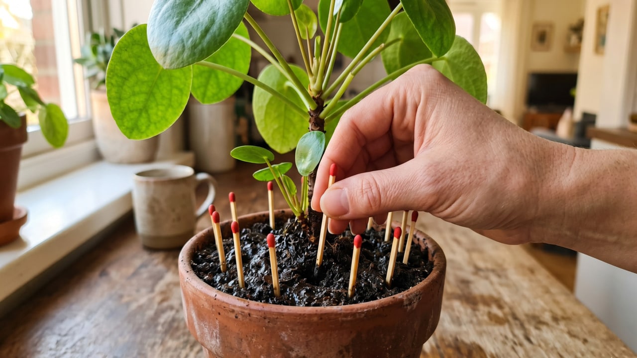 Palitos de fósforo na terra em volta de planta no vaso