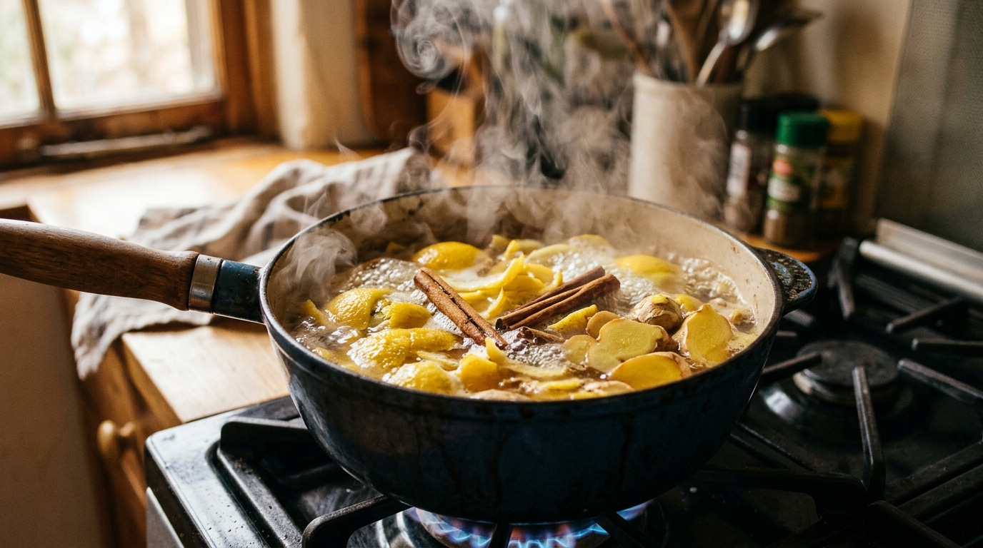 Panela fervendo com limão, canela e gengibre soltando vapor aromático na cozinha