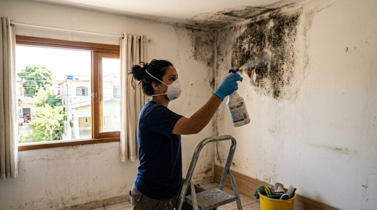Mulher com máscara respiratória e luvas azuis, posicionada em uma escada, aplicando spray antimofo diretamente em uma grande mancha escura na parede de um quarto.