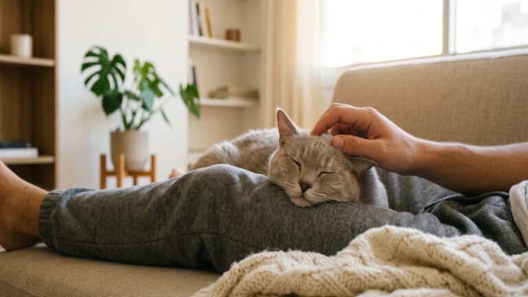 Pessoa deitada no sofá com seu gato de estimação dormindo sobre suas pernas