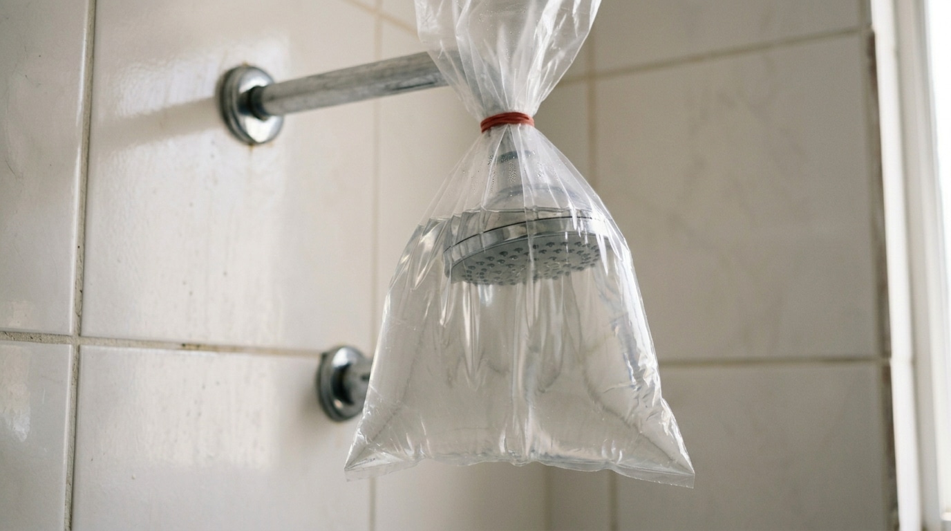 Chuveiro de metal envolto por um saco plástico transparente preenchido com líquido, preso firmemente ao cano por um elástico vermelho, contra uma parede de azulejos claros.