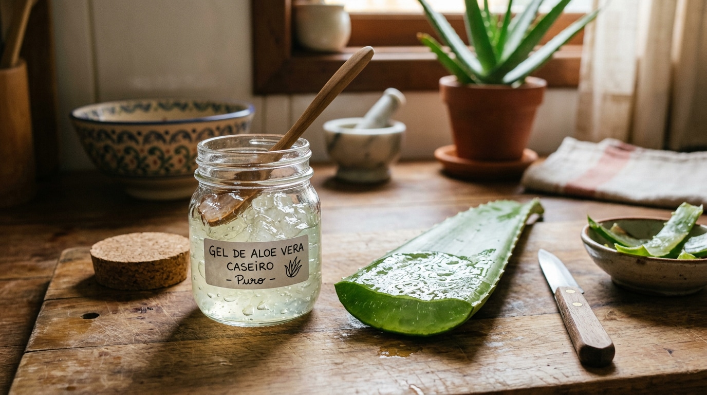 Pote com gel de aloe vera caseiro ao lado de folha de babosa cortada