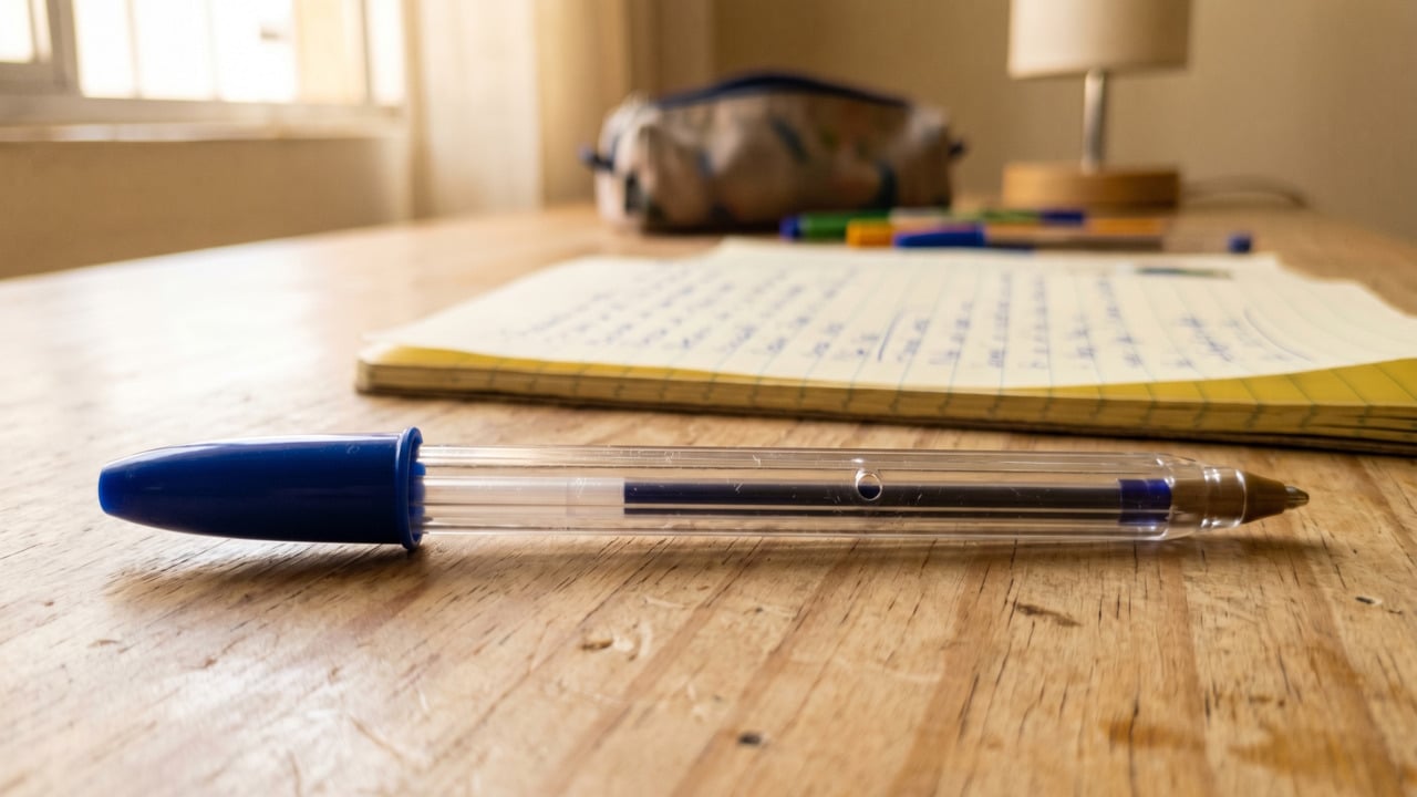 Representação de caneta BIC sobre a mesa de estudos
