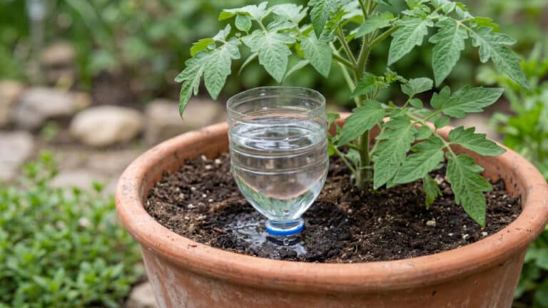 Vaso com hortaliça e garrafa pet posicionada para automatizar a irrgação