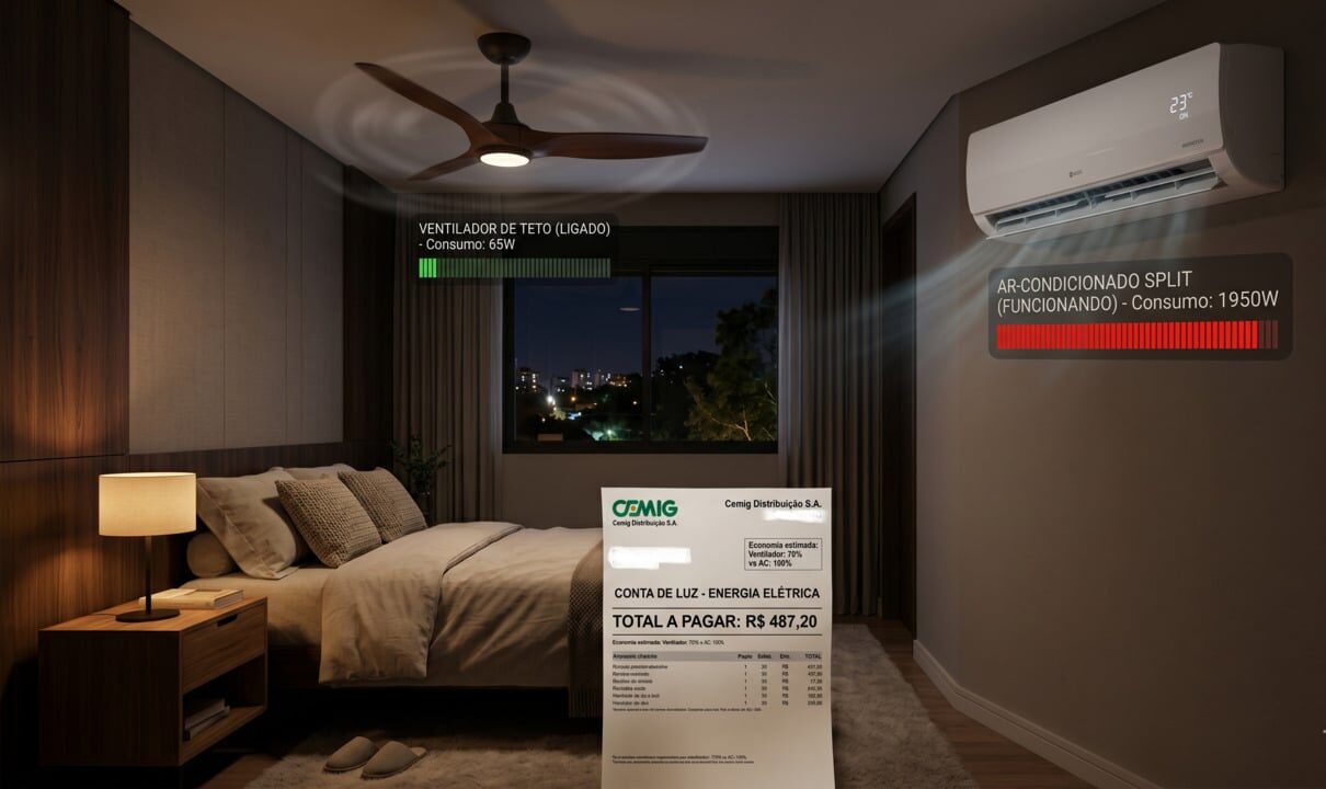 A diferença na conta de luz entre dormir com ar-condicionado ou com ventilador todas as noites