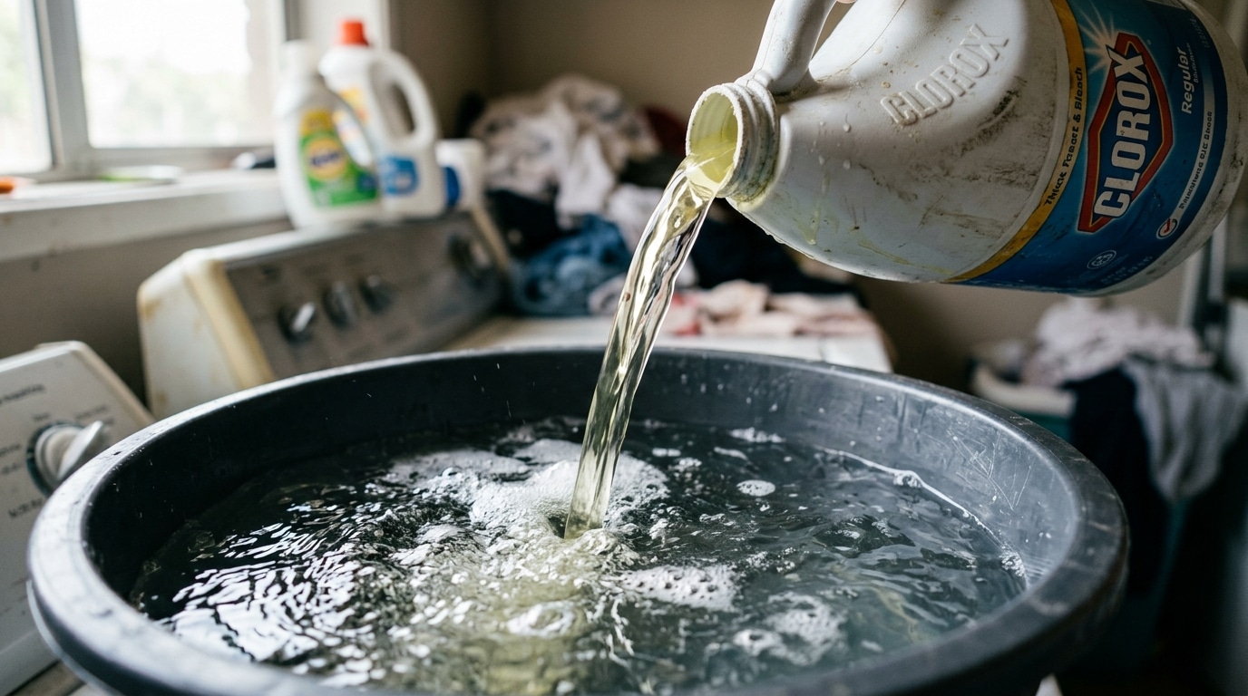 Um líquido alvejante sendo despejado de um galão branco de plástico para dentro de um balde escuro cheio de água espumante, com uma máquina de lavar e roupas ao fundo.