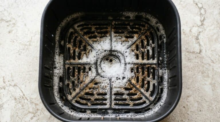Visão superior do cesto antiaderente de uma air fryer coberto com uma espessa camada de espuma de sabão agindo sobre a sujeira incrustada.