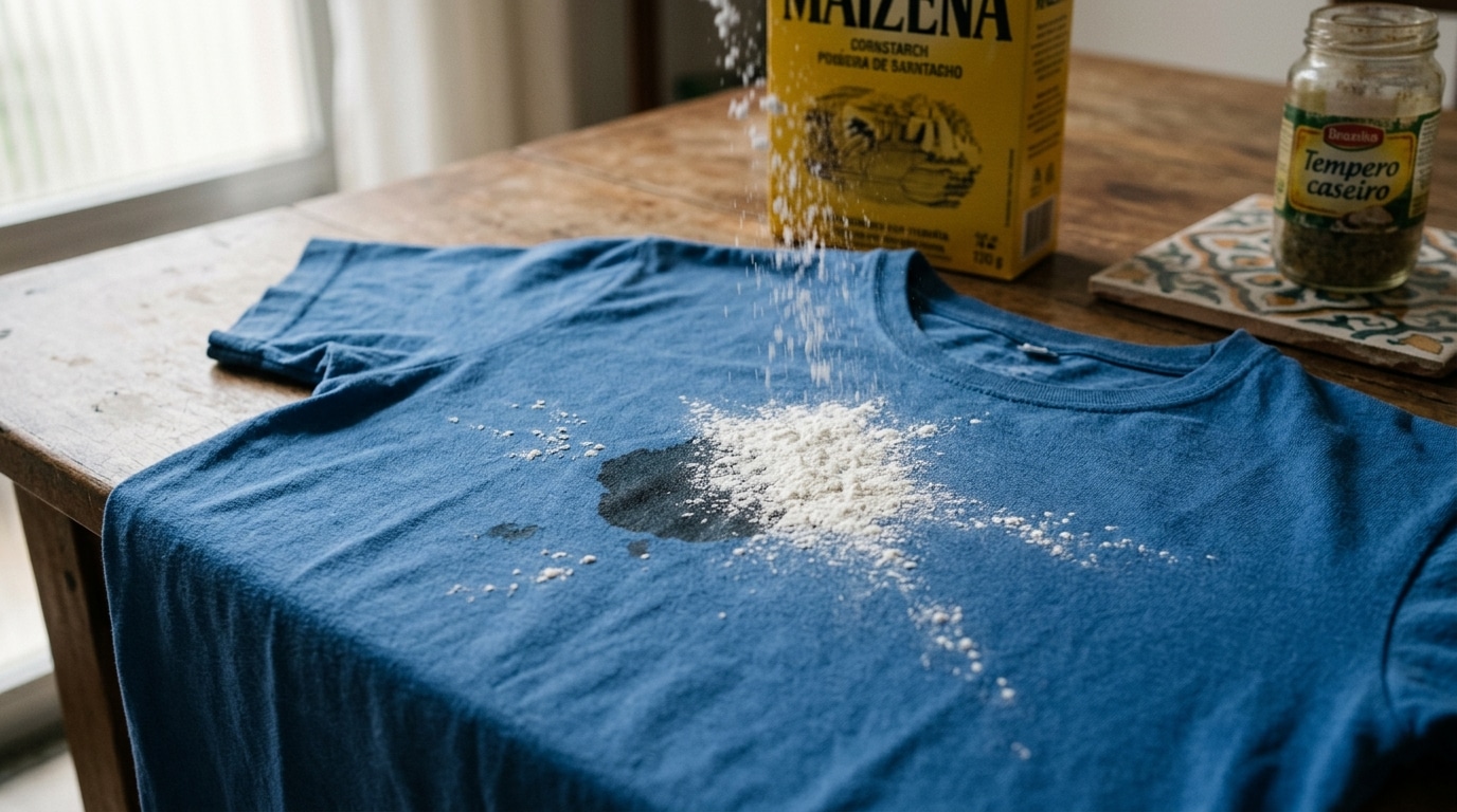 Pó branco de amido de milho caindo e se acumulando sobre uma mancha escura e úmida no centro de uma camiseta azul estendida em uma mesa de madeira.