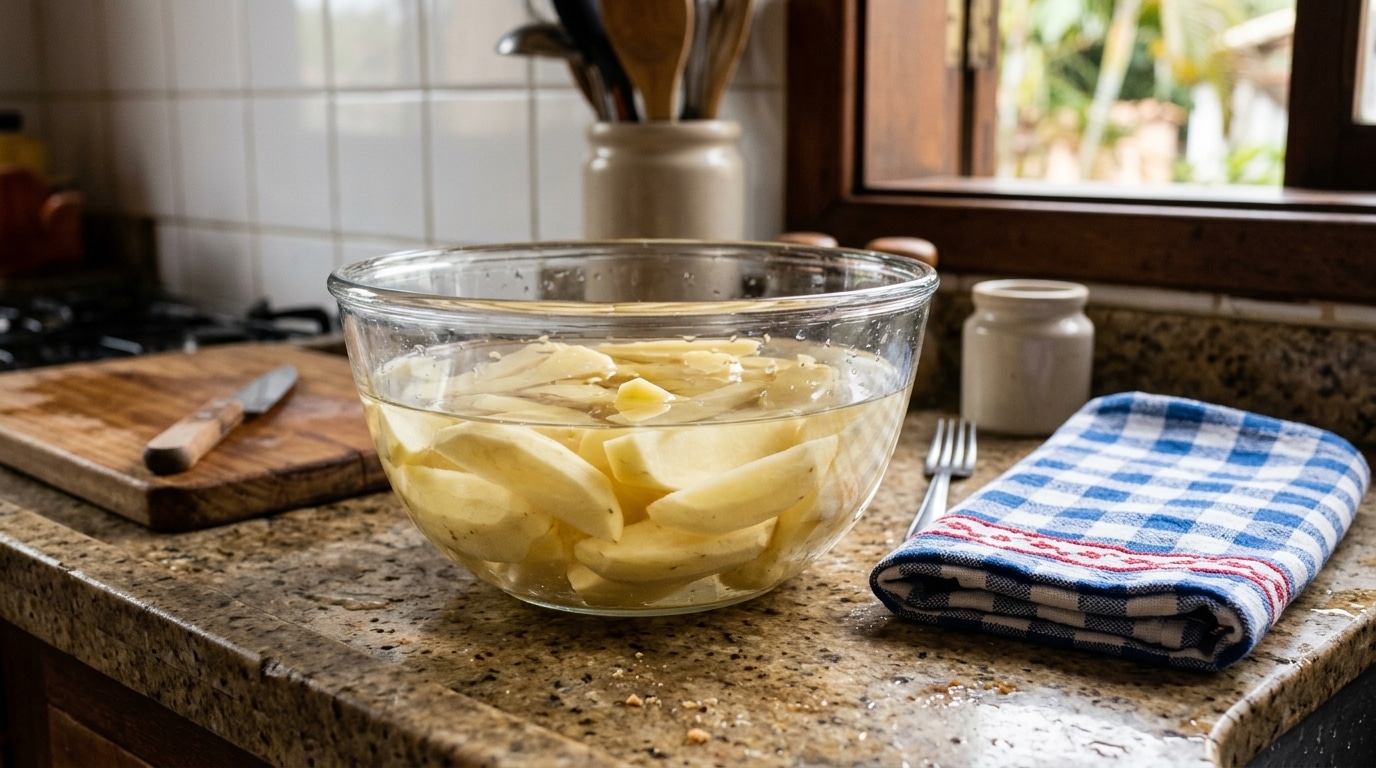 Tigela de vidro contendo pedaços grossos de batata crua submersos em água sobre uma bancada de granito. Ao lado, um pano de prato quadriculado azul e branco.