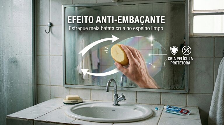 Fotografia de um espelho de banheiro sobre uma pia de cerâmica branca. Uma mão segura a metade de uma batata crua e a esfrega na superfície do vidro. A imagem possui intervenções gráficas explicativas: o título "EFEITO ANTI-EMBAÇANTE" no topo, setas circulares brancas indicando o movimento da aplicação e um ícone de escudo com o texto "Cria película protetora".