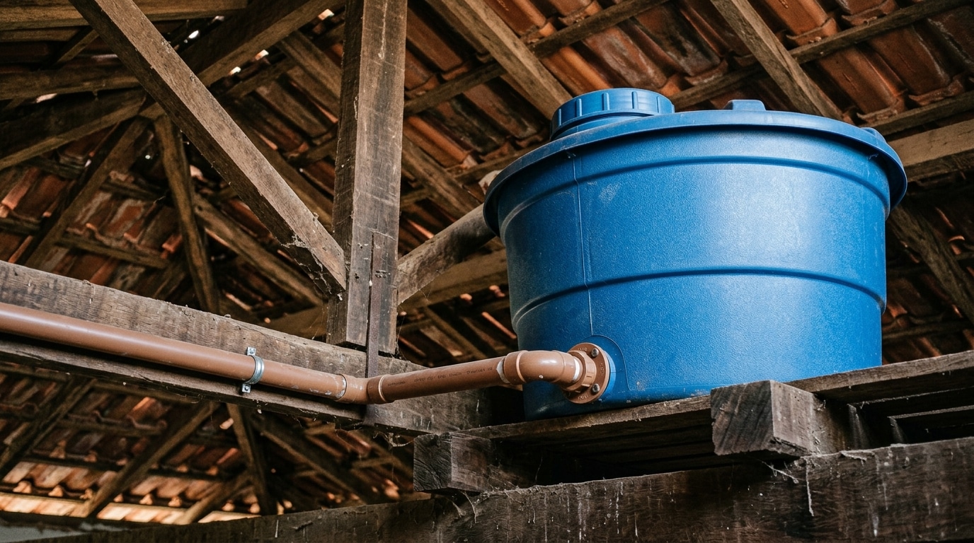 Uma grande caixa d'água cilíndrica de plástico azul instalada sobre uma base resistente feita de vigas de madeira grossa, no interior do forro de uma casa. O telhado rústico com telhas de barro expostas fica logo acima. Uma tubulação marrom de PVC conecta-se firmemente à base do reservatório.