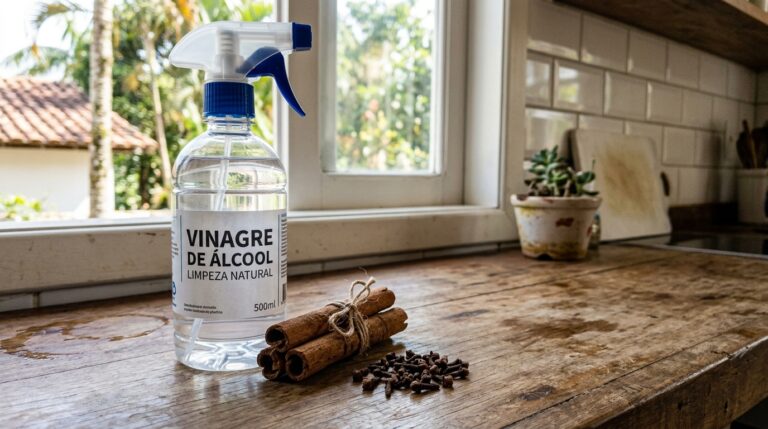 Frasco borrifador contendo vinagre de álcool transparente posicionado ao lado de um feixe de paus de canela amarrados com barbante e vários cravos-da-índia soltos sobre uma mesa de madeira rústica.