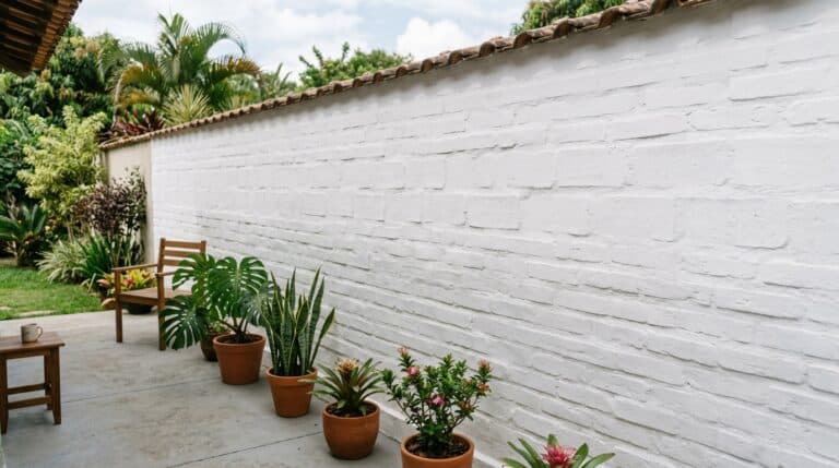 Parede externa de tijolos rústicos pintada de branco com acabamento de telhas de barro no topo. No chão de cimento claro, há uma fileira organizada de vasos de terracota contendo plantas como costela-de-adão, espada-de-são-jorge e bromélias, ao lado de uma cadeira de madeira e uma pequena mesa.