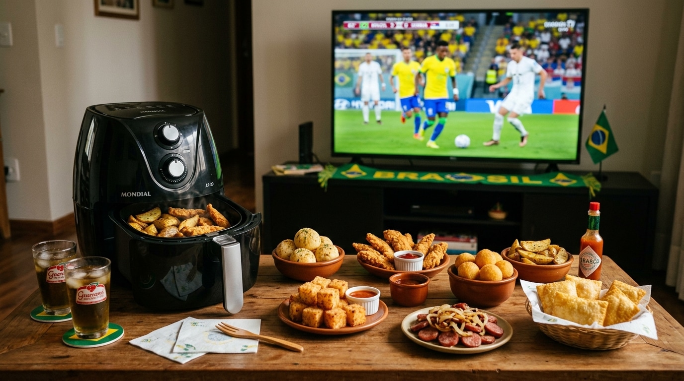Uma mesa de centro de madeira farta com diversos petiscos brasileiros organizados em cumbucas de barro, incluindo dadinhos de tapioca, pastéis, bolinhos de queijo, iscas de frango, pão de alho e calabresa. À esquerda, uma fritadeira elétrica AirFryer preta da marca Mondial está com a gaveta aberta, cheia de comida fumegante. Ao fundo, uma TV de tela plana transmite um jogo da Seleção Brasileira de futebol.