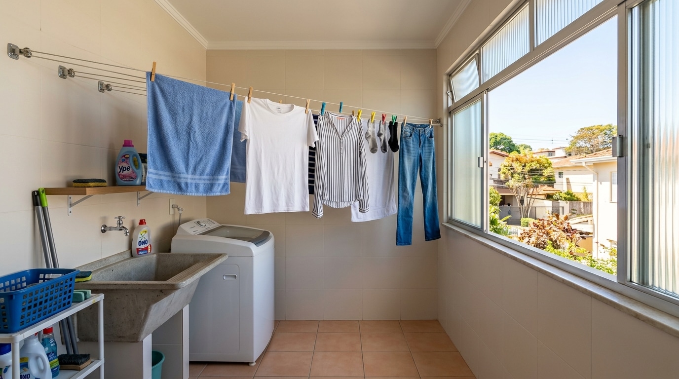 Área de serviço com roupas estendidas no varal, tanque de cimento, máquina de lavar e prateleiras com produtos de limpeza sob uma janela ampla.