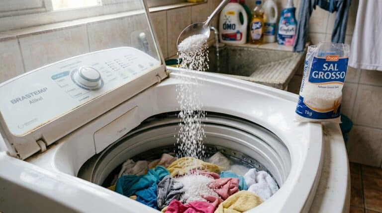 Mão segurando uma colher e despejando sal grosso diretamente sobre uma pilha de roupas coloridas dentro de uma máquina de lavar aberta. Um pacote de sal grosso repousa na borda da lavadora, com uma pia de lavanderia ao fundo.