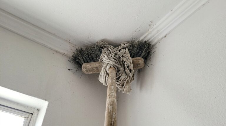 Cabeça de uma vassoura de cerdas coberta por um pano de chão amarrado, sendo pressionada contra a quina de um teto branco para remover sujeiras e teias.