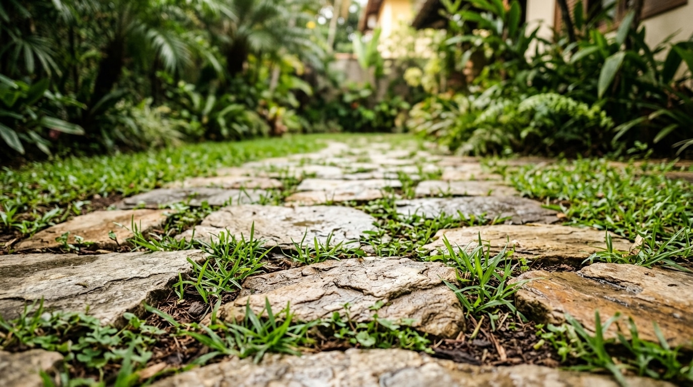 Visão rasteira de um caminho de pedras rústicas e achatadas cercado por grama verde e vegetação tropical densa nos canteiros laterais.