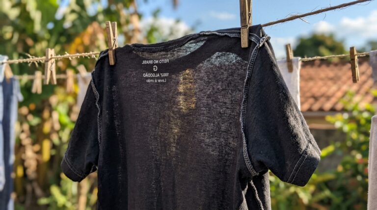 Camiseta de algodão preta pendurada em um varal de corda pelo lado avesso, fixada com pregadores de madeira tradicionais. As costuras brancas e a etiqueta estampada invertida ficam evidentes contra a luz do sol de um quintal desfocado ao fundo.