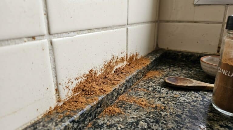Uma linha grossa de canela em pó polvilhada ao longo do rodapé entre a pia de granito e a parede de azulejos claros, com um frasco de vidro escrito 'CANELA' e uma colher de pau ao lado.