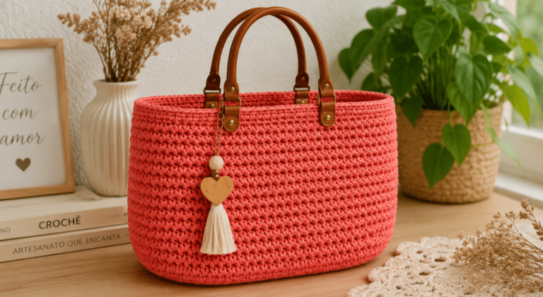 Bolsa de crochê coral exposta com charme em um cantinho aconchegante, destacando a beleza dos pontos, das alças estruturadas e dos detalhes artesanais. Uma peça versátil, delicada e cheia de personalidade para valorizar qualquer produção.