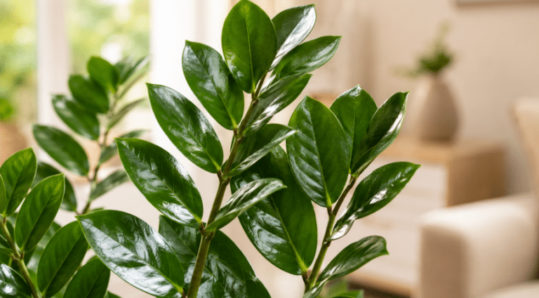 Close-up das folhas verdes e brilhantes de uma zamioculca em ambiente interno, com fundo neutro e iluminação natural suave.