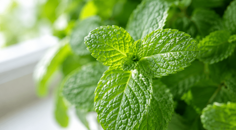 Close-up de folhas de hortelã verdes e saudáveis, com textura bem marcada e iluminação natural suave, em ambiente claro e desfocado ao fundo.