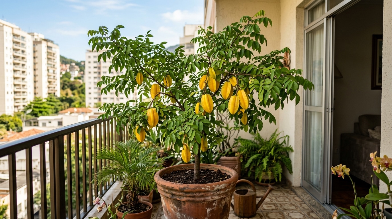 Arvoreta de carambola em vaso rústico de barro na varanda, carregada de carambolas amarelas penduradas sob as folhas verdes.