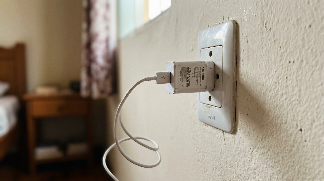 Carregador de celular branco conectado a uma tomada de parede em um quarto, com o cabo USB pendurado solto e móveis de madeira levemente desfocados ao fundo.