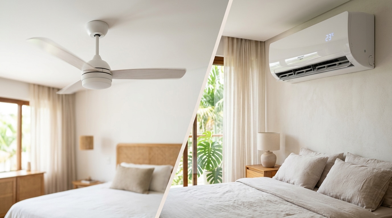 Sala de estar iluminada com um ventilador de teto branco girando e um ar-condicionado split instalado na parede acima de um sofá bege.