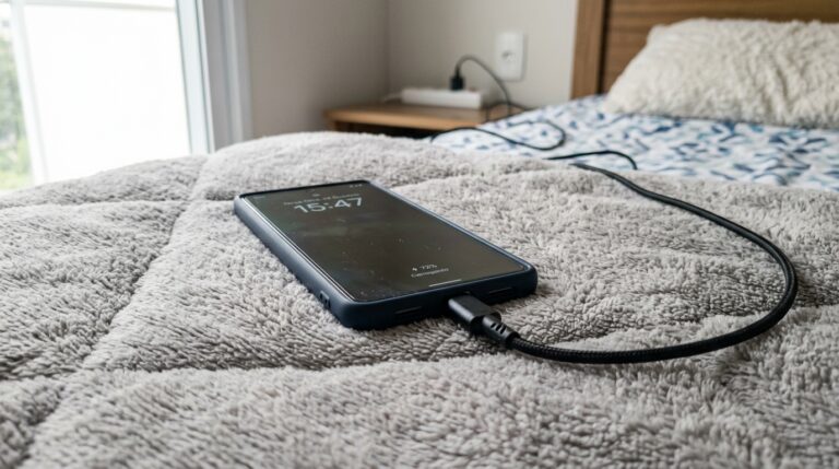 Fotografia de um smartphone escuro com a tela acesa mostrando o horário "15:47" e o status de carregamento. O aparelho está conectado a um cabo preto e repousa diretamente sobre um edredom cinza felpudo em cima de uma cama. Ao fundo, desfocado, vê-se um filtro de linha ligado na tomada ao lado da cabeceira.