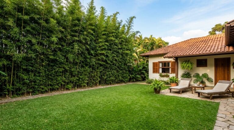 Amplo jardim com gramado verde, pátio de pedra com espreguiçadeiras de madeira e um extenso muro natural formado por bambus altos fechando toda a lateral do terreno.