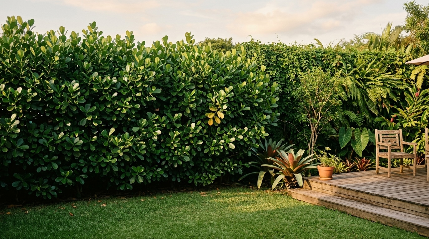 Uma alta parede verde de arbustos de clúsia ao lado de um deck de madeira com uma cadeira rústica e bromélias em um jardim tropical banhado por luz amarelada.