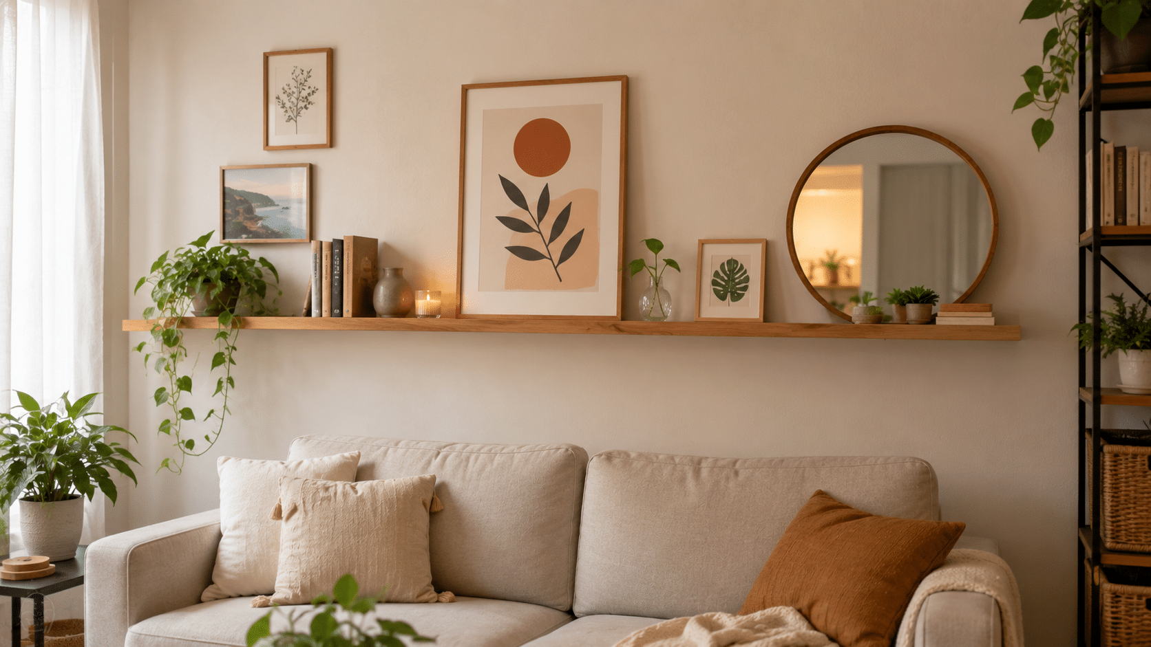 Parede vazia pode ganhar vida com quadros, prateleiras leves, plantas e objetos afetivos, criando uma decoração bonita sem reforma e sem gastar muito.