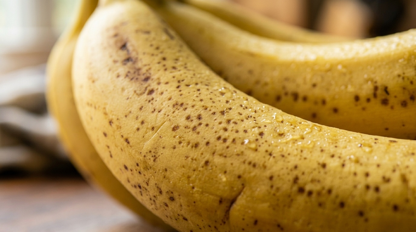 Close-up macro com foco detalhado na casca amarela de uma banana madura repleta de pequenas pintas marrons e gotículas sutis de umidade.