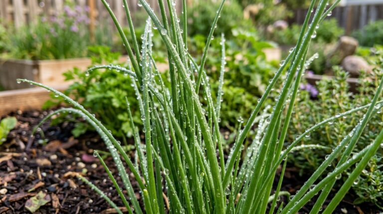Folhas finas de cebolinha verde fresca cobertas com gotas de orvalho brilhantes, cultivadas em uma horta caseira.