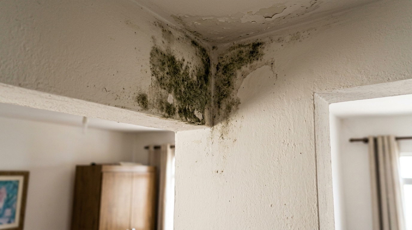 Canto superior de uma sala onde a parede encontra o teto, coberto por grandes manchas escuras e esverdeadas de mofo, com a tinta branca visivelmente estufada e descascando.