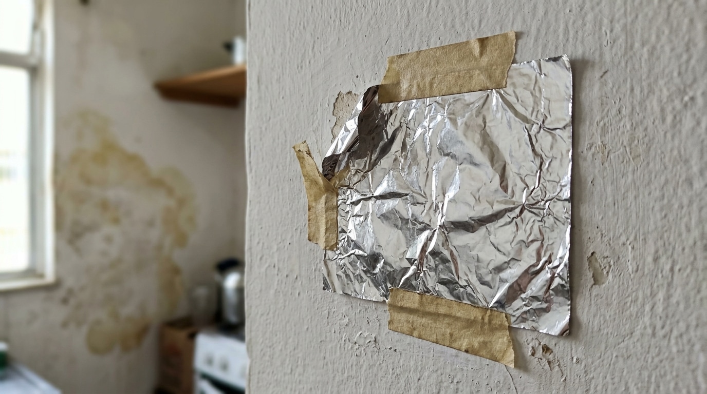 Pedaço quadrado de papel alumínio preso com fita crepe em uma parede branca com pintura descascando. Ao fundo, manchas amareladas de umidade na parede de uma cozinha desfocada.